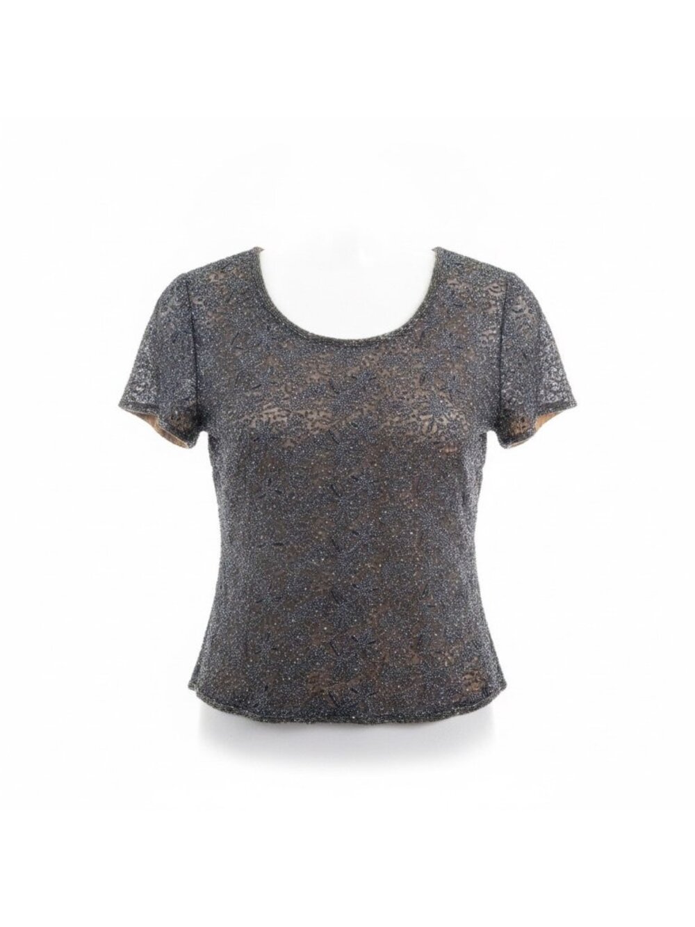 Adrianna Papell Womens Navy Beaded Silk Top Short Sleeve Scoop Neck Size 6